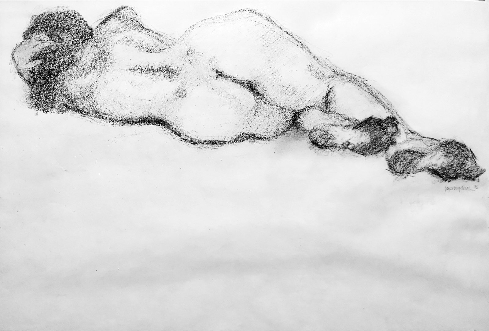 Joyce Korotkin Biegeleisen: Reclining Nude, 1976 Charcoal Drawing: Joyce Korotkin Biegeleisen: Reclining Nude, 1976 Charcoal. Signed: Joyce Biegeleisen, at the middle right. Sight 16x11, frame 21x18 inches. Joyce Korotkin Biegeleisen (American, b. 1945) is a painter,