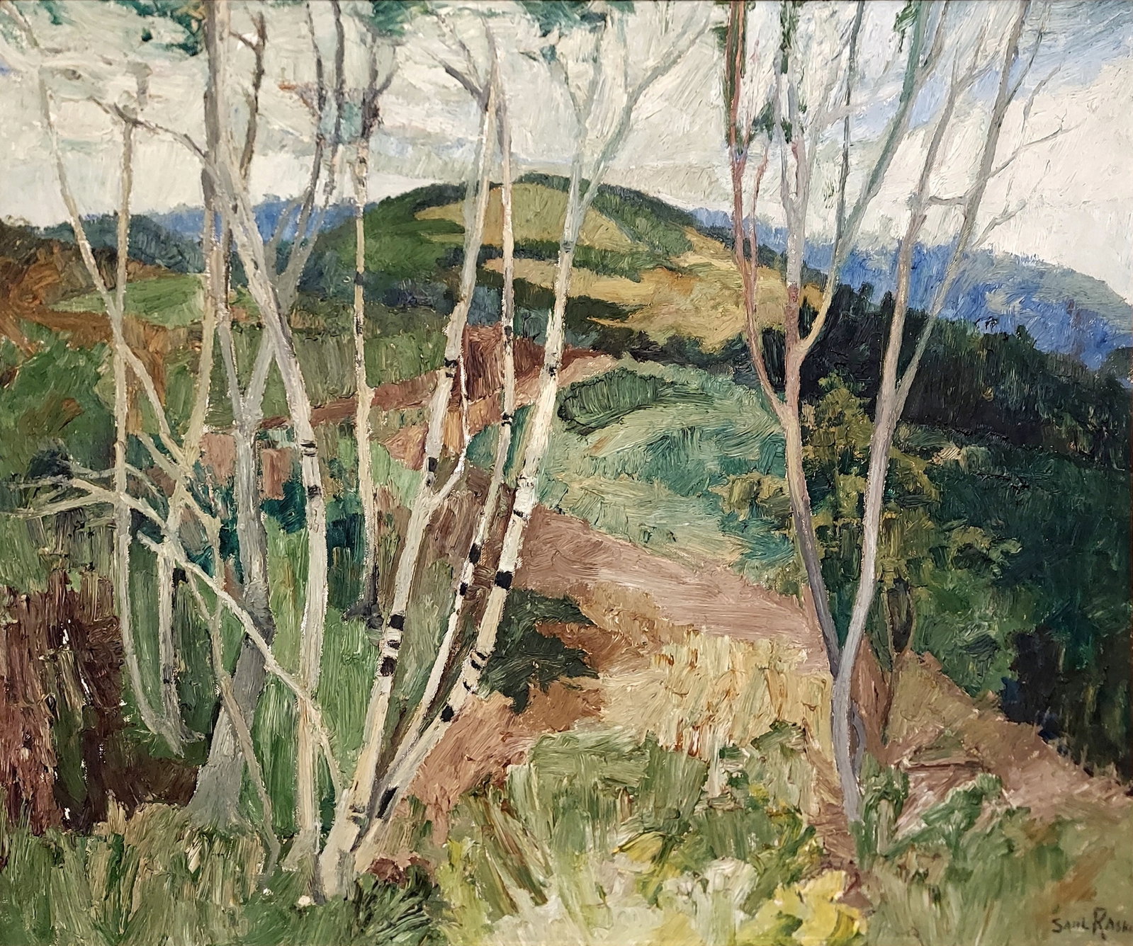 Saul Raskin: Mount Meron, Galilee 1940s Oil on Canvas Board: Saul Raskin (American, 1878-1966): Mount Meron, Galilee Landscape, 1940s. Oil on Artboard (Canvas board mounted). Signed at the lower right. Painting 29x24 inches, Period Frame 35x31 inches. Verso att