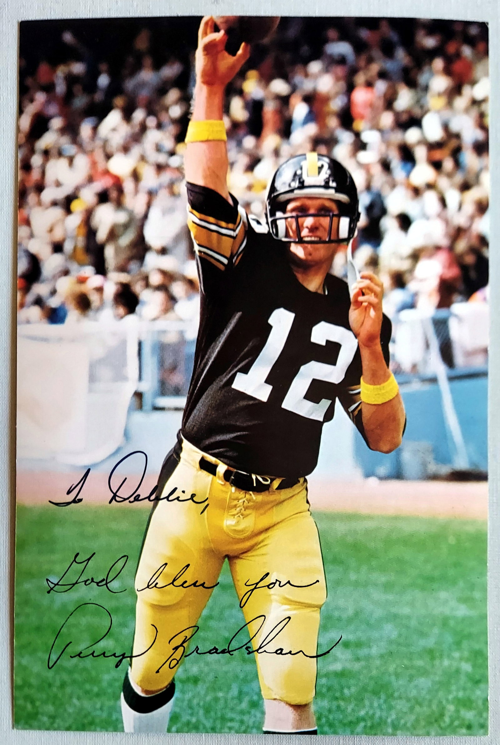 Terry Bradshaw c.1980 Color Card Signed & Inscribed on Two Sides: Terry Bradshaw c.1980 original color card, signed and inscribed by Bradshaw on both sides. Dimensions: 6x9 inches. Signed to Deborah Duchin, daughter of Playboy sales/marketing executive Hal Duchin. T