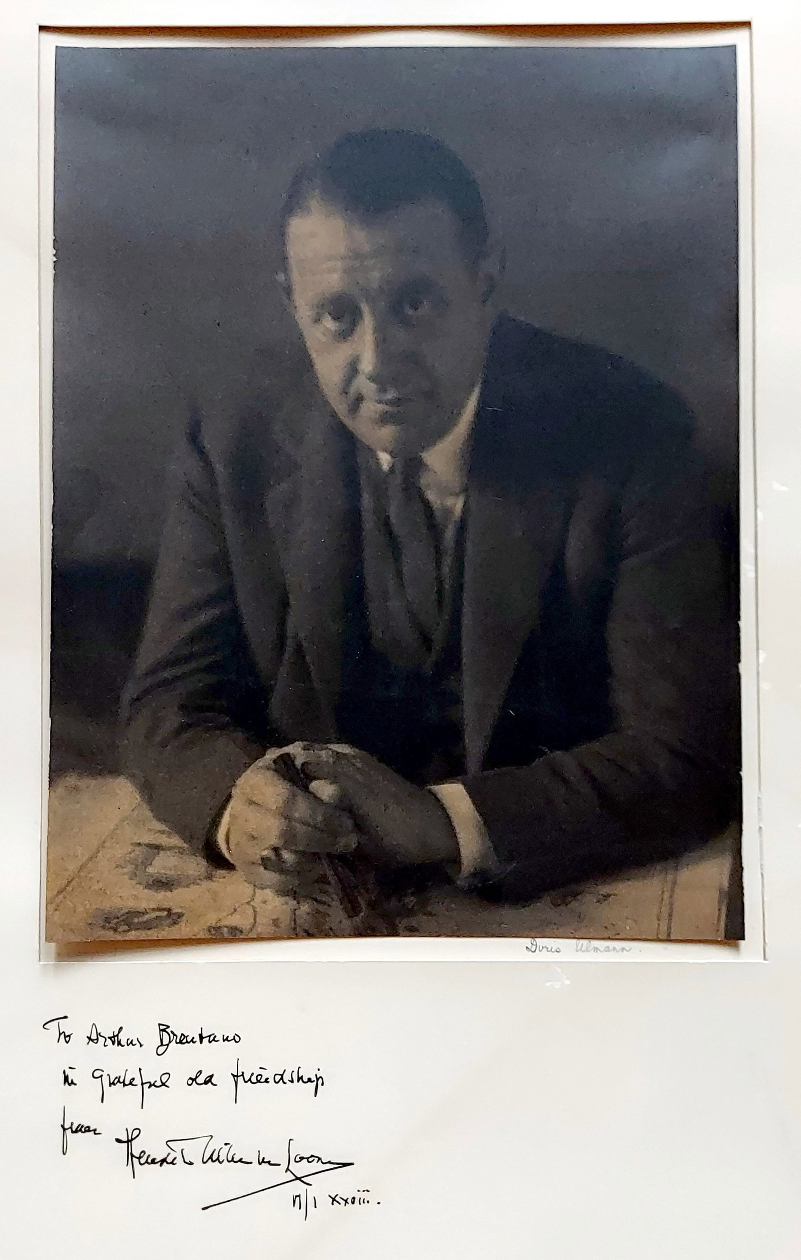 Doris Ulmann, Inscribed: Hendrik Willem v. Loon 1928 Gelatin Silver Print: Doris Ulmann (American, 1882 - 1934): Portrait of Hendrik Willem van Loon, American writer and artist. Signed in pencil by Doris Ulmann at lower right. Inscribed and signed by H.W. van Loon (1882 - 19
