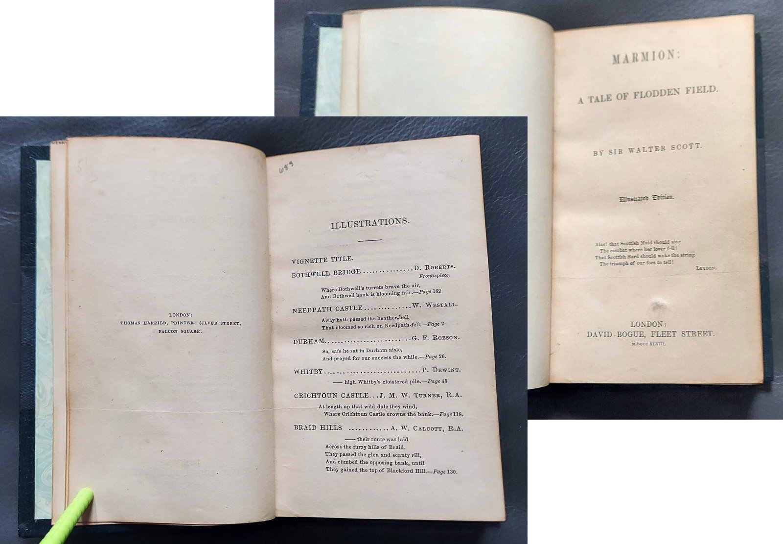 Walter Scott: Marmion: Tale of Flodden Field 1848 Illustrated: Sir Walter Scott: Marmion: A Tale of Flodden Field. Illustrated edition with 9 exquisite steel-engraved plates and engraved title page, includes: Nedpath Castle, Durham, Norham Castle, Crichtoun Castl