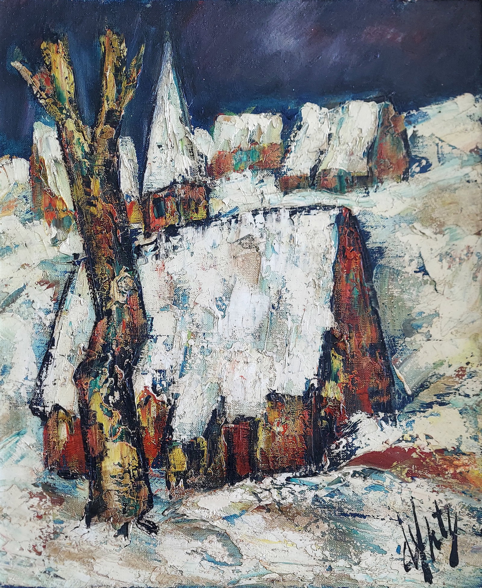 Henri d'Anty: Neige (Snow), 1960s Oil on Canvas: Henri d'Anty (French, 1910 - 1998): Neige (Snow), c1960s. Oil on Canvas 22 x 18, Frame 30 x 26 inches. Signed at lower right, d'Anty, verso title and signed. Henry Maurice D'Anty was an ex