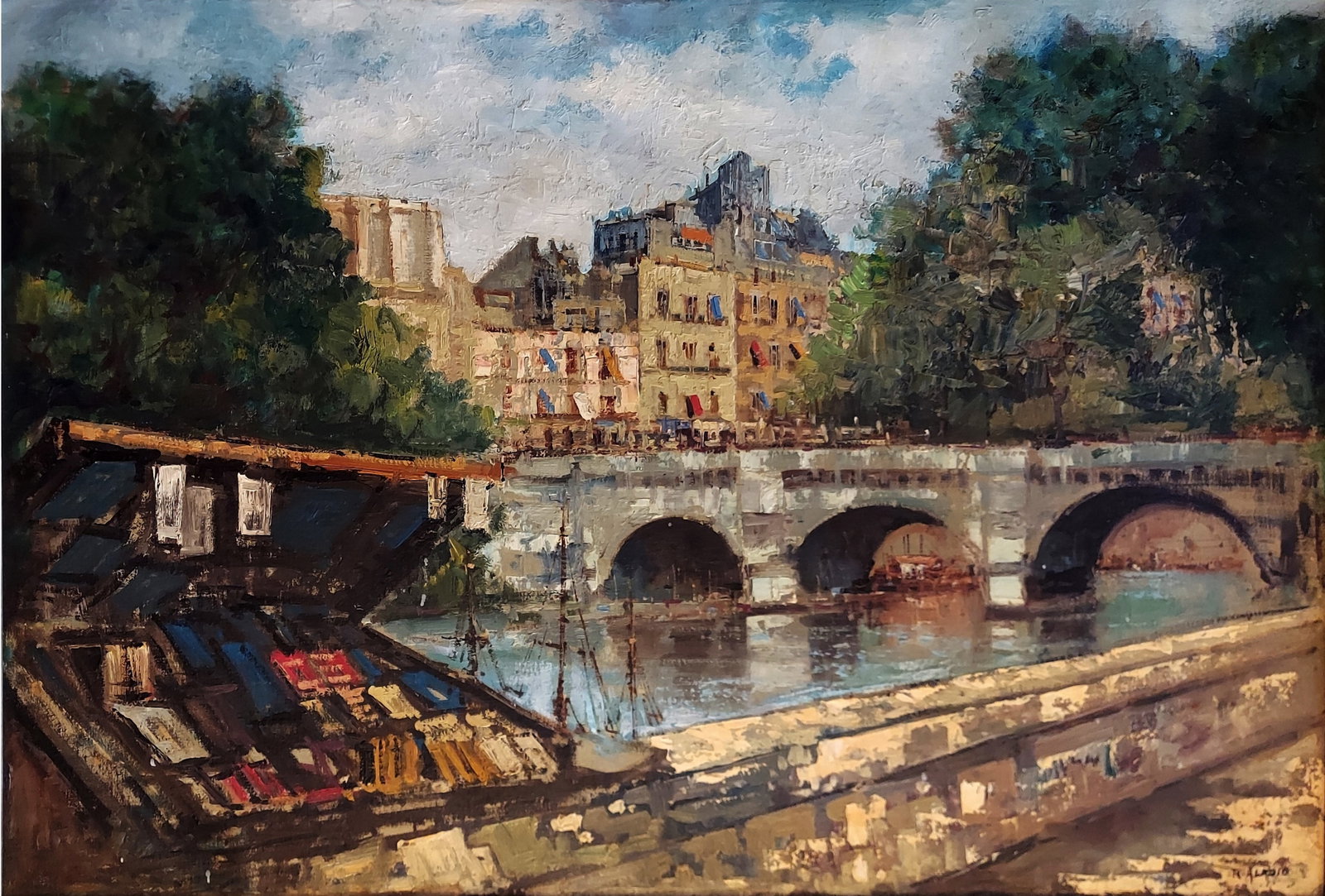 R. Aladio: Le Pont Neuf Paris, Oil on Canvas c.1940s: R. Aladio (French, XXcent.): Le Pont Neuf Paris c.1940s Signed at lower right Oil on canvas 36 x 24, Frame 41 x 30 References: MutualArt.com https://www.mutualart.com/Artwork/River-Scene/407A42DD97AE7