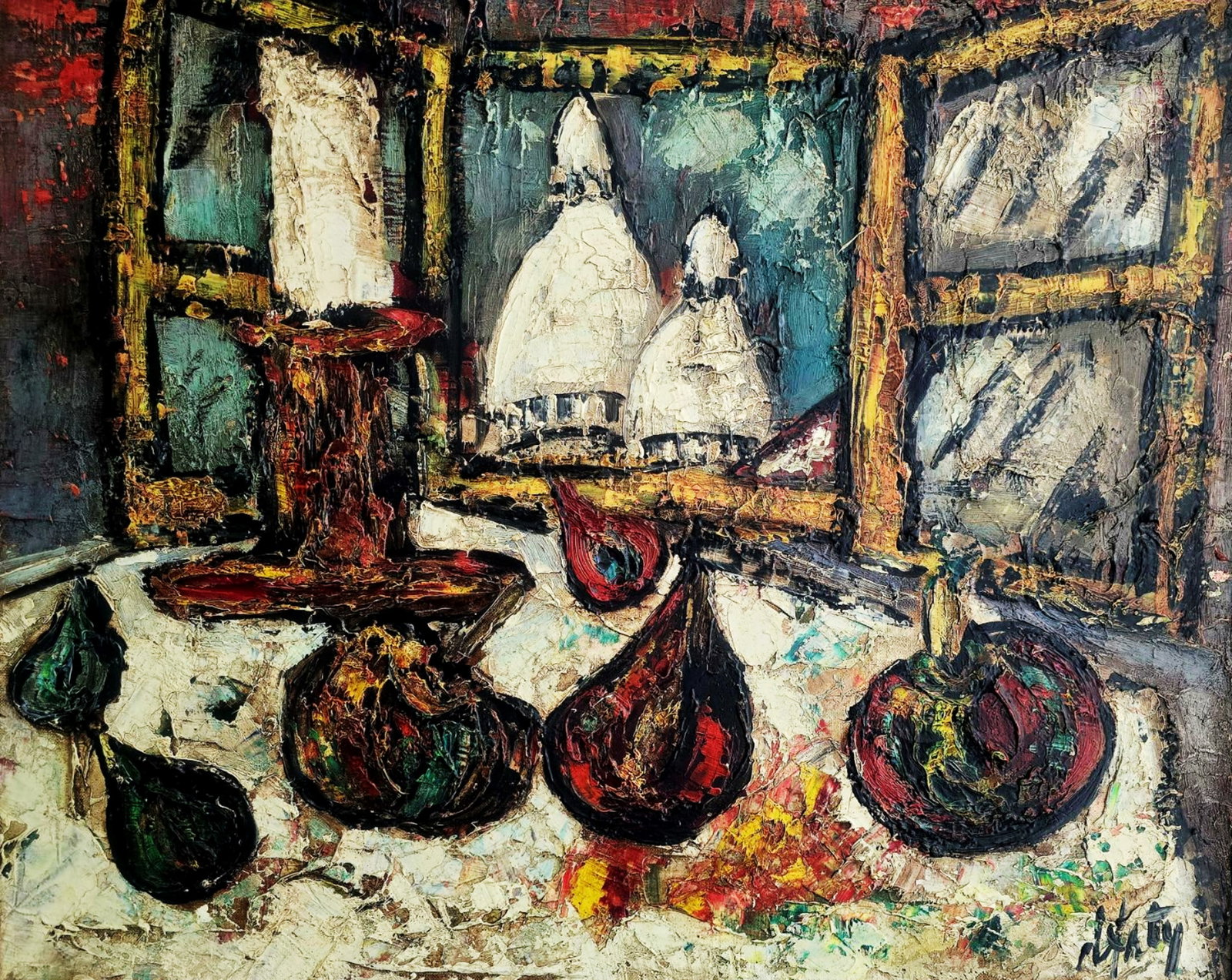 Henri d'Anty: Nature Morte aux Figues et à la Grenade, 1960s Oil on Canvas: Henri d'Anty (French, 1910 - 1998): Nature Morte aux Figues et à la Grenade et The Basilique du Sacré-Coeur de Montmartre (Still Life with Figs and Pomegranate and the Basilica of the Sa