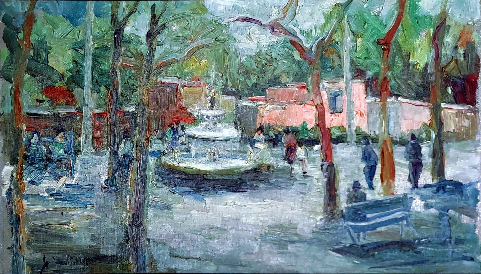 Saint-Tropez Fountain, Provence 1950s Oil/Panel: Oil painting of the fountain in St.Tropez, France. Signed at Lower Left, Artist’s name illegible. Sight 18 x 12 ½, Frame 22 x 15 ½ inches.