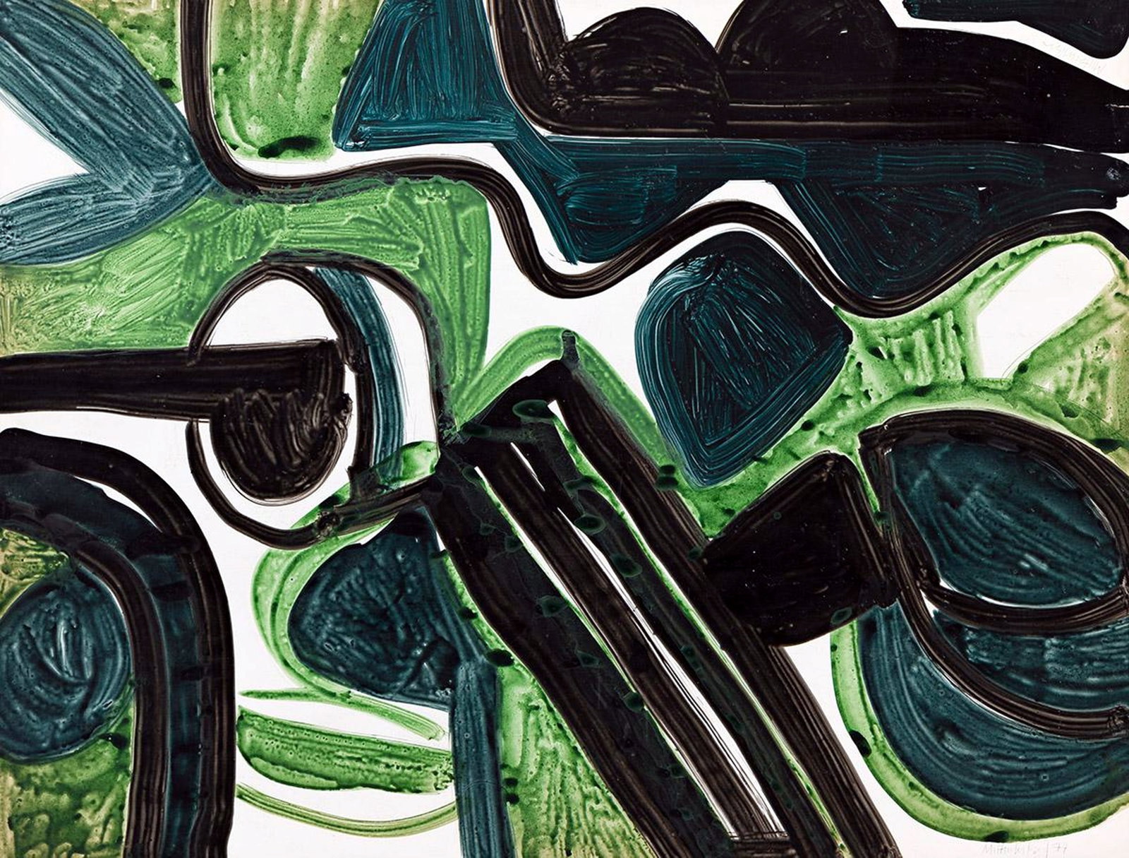 Milton Wilson: Untitled Abstract, 1977 Acrylic on Paper: Milton Wilson (American, 1923 – 2004, Oregon): Untitled Abstract Painting, 1977. Acrylic on Paper. Signed and Dated Milton Wilson 77, at the Lower Right and the Upper Left. Dimensions: Sight 45 
