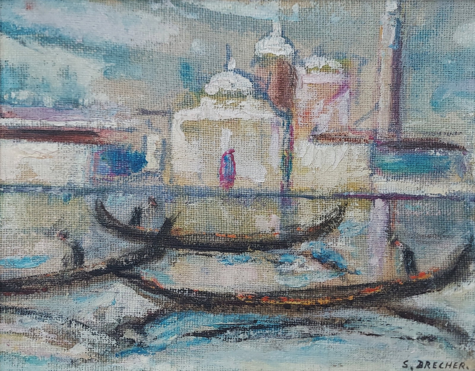 Samuel Brecher: Venice c.1960s Oil on Board: Samuel Brecher (American, 1897-1982): Venice Oil on board 10 x 8, Frame 14 x 12 inches. Signed S. Brecher at lower right and on verso. Verso Marbella Gallery sticker with artwork description. Provenan