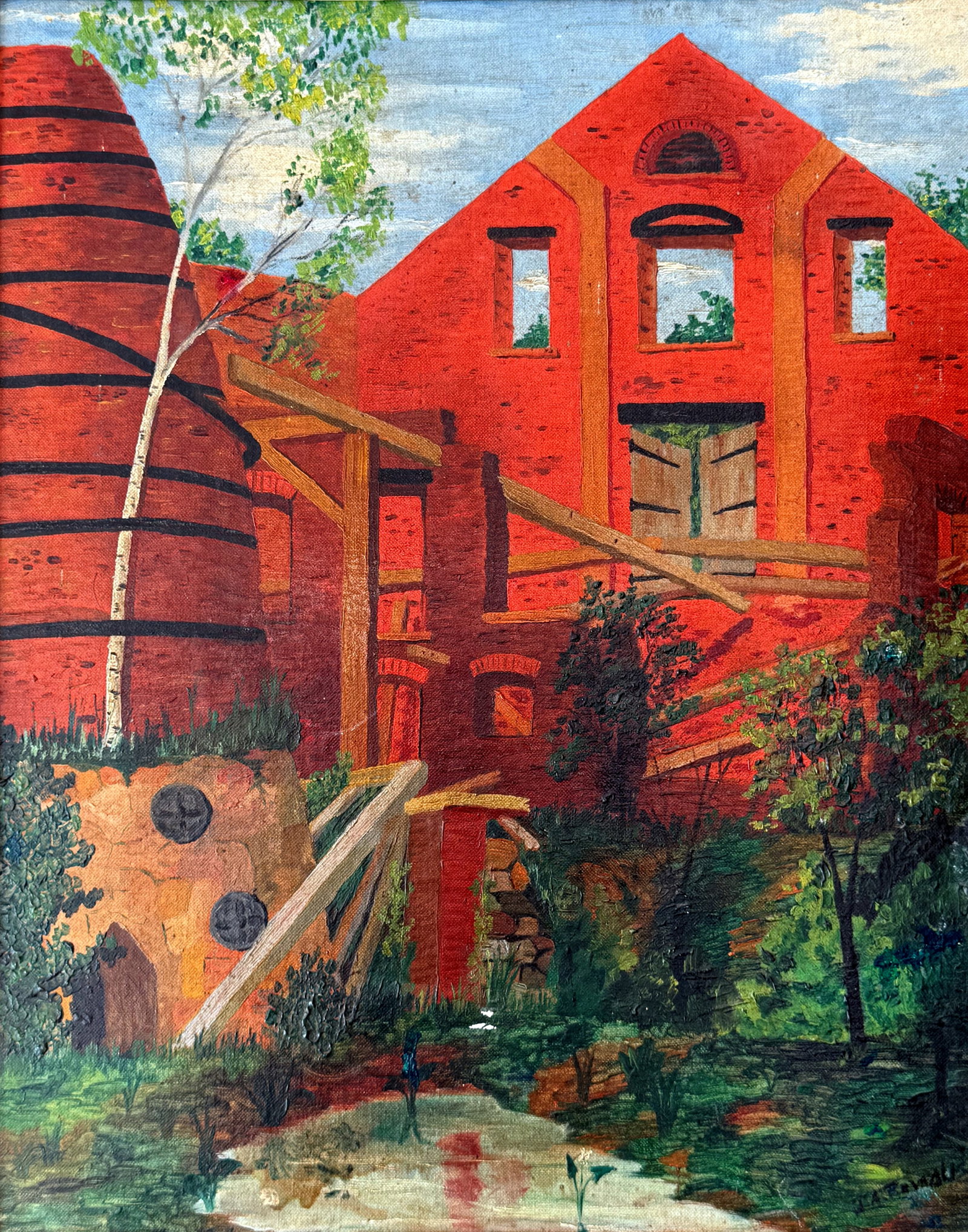 James A. Jefferys: Abandoned Brickworks 1931 Oil on Canvas Board: James A. Jefferys (American, 1889-1969): Abandoned Brickworks, 1931 Oil on Canvas board 20 x 16, Frame 22 x 18 inches.