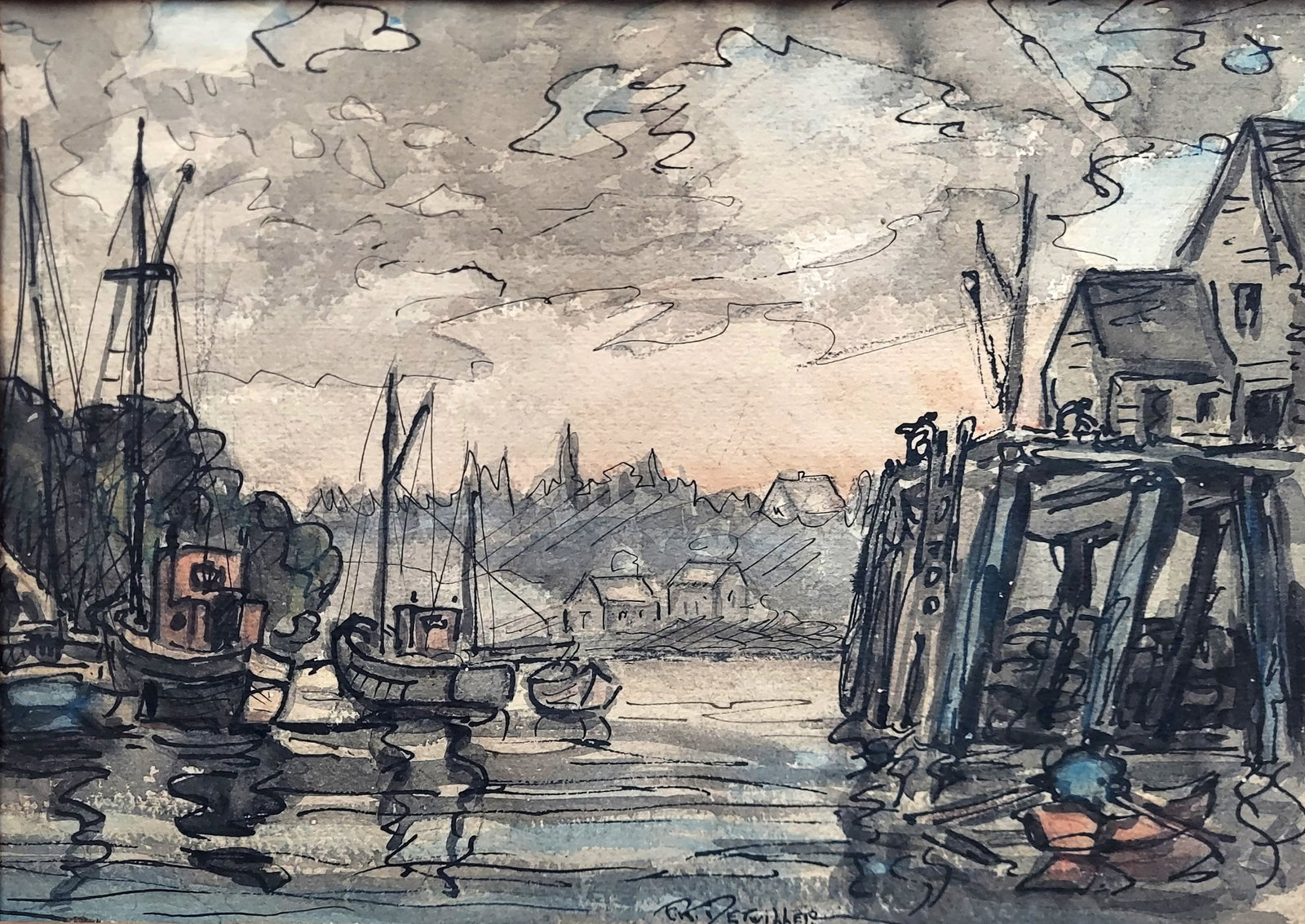 Frederick Detwiller: New Harbor Maine 1935 Ink Wash Watercolor: Frederick Knecht Detwiller (1882-1953): New Harbor Maine 1935 Ink Wash Watercolor. Signed at the lower edge. Gallery sticker on verso. Dimensions: Sheet 14 x 11, Frame 20 x 17 inches A native of Penns