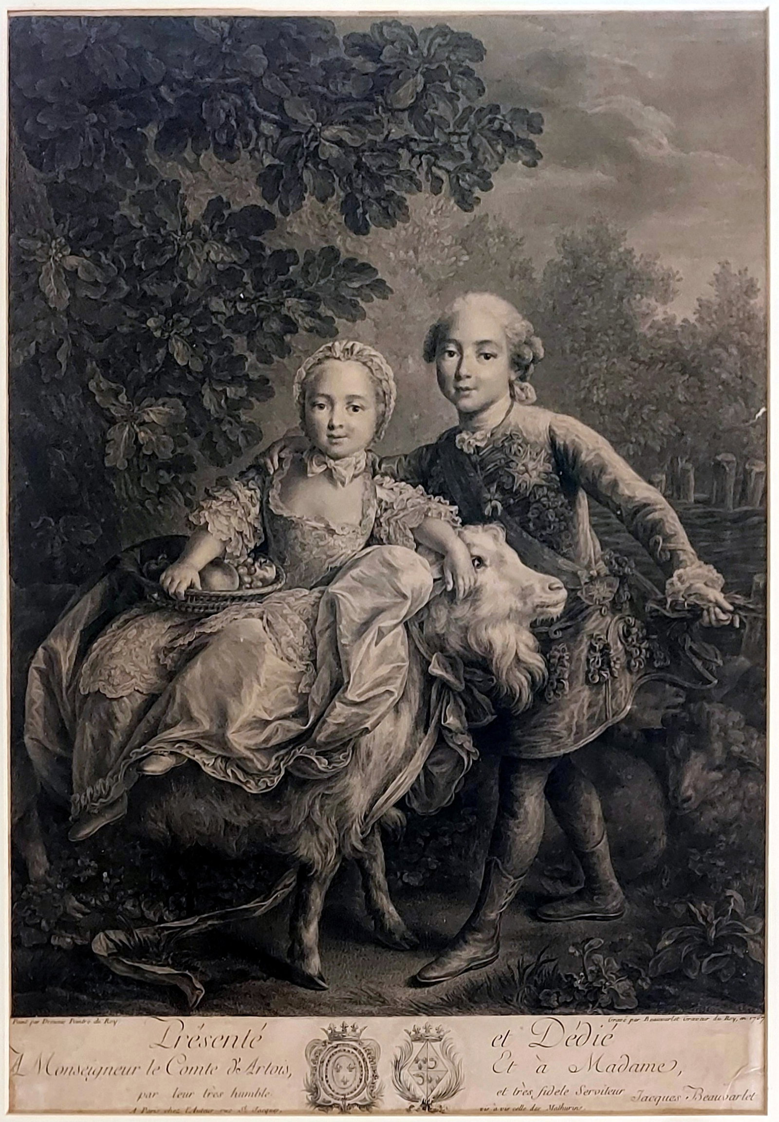 King of France & Queen of Sardinia-Piedmont 1767 Engraving: Le comte d'Artois enfant soutenant Mlle Clotilde montée sur une chèvre (Royal Children Count Charles Philippe and Mademoiselle Clotilde on a Goat). Engraving 1767, by Jacques Firmin