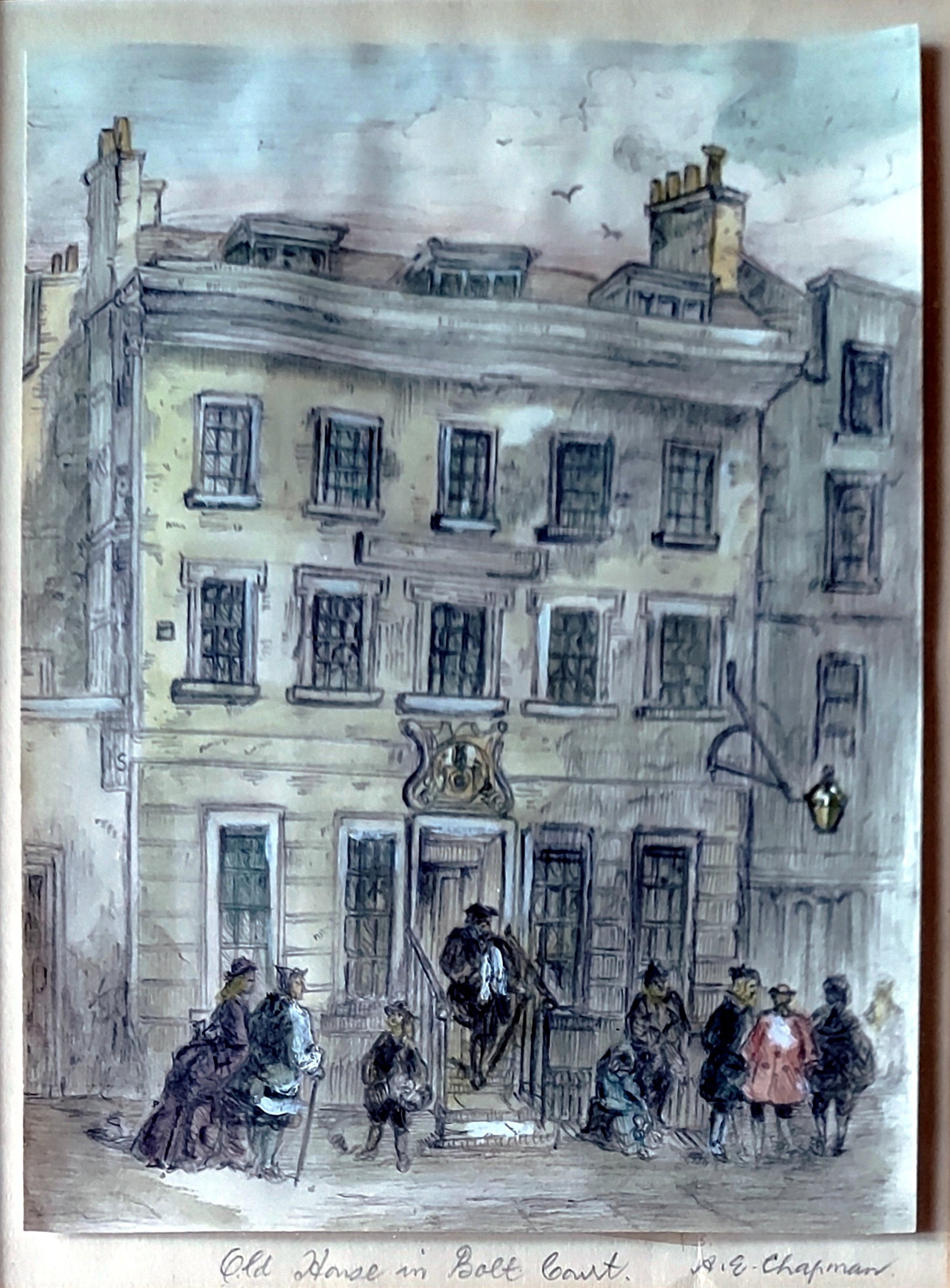 A. E. Chapman: Old House in Bolt Court, 1930s Pastel/Gouache: Old House in Bolt Court, London by Ernest Arthur Chapman (British, 1847 – 1933). Pastel and Gouache after Victorian 1878 engraving: Old House still standing in Bolt Court, London. Dimensions,