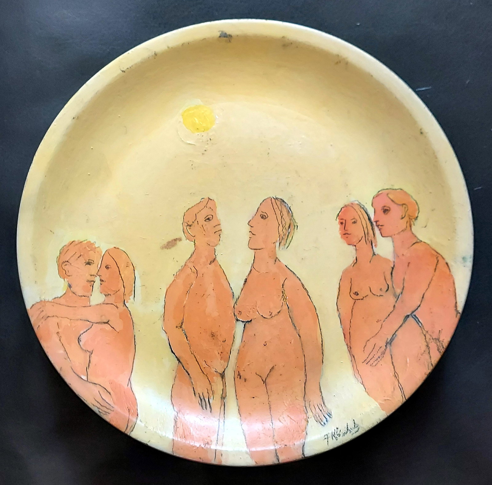 Frank Kleinholz: Hand Painted Ceramic Plate, 1979: Frank Kleinholz (American, 1901-1987): Hand painted ceramic plate, Painted and signed on both sides by artist Frank Kleinholz. Diameter 10 inches.
