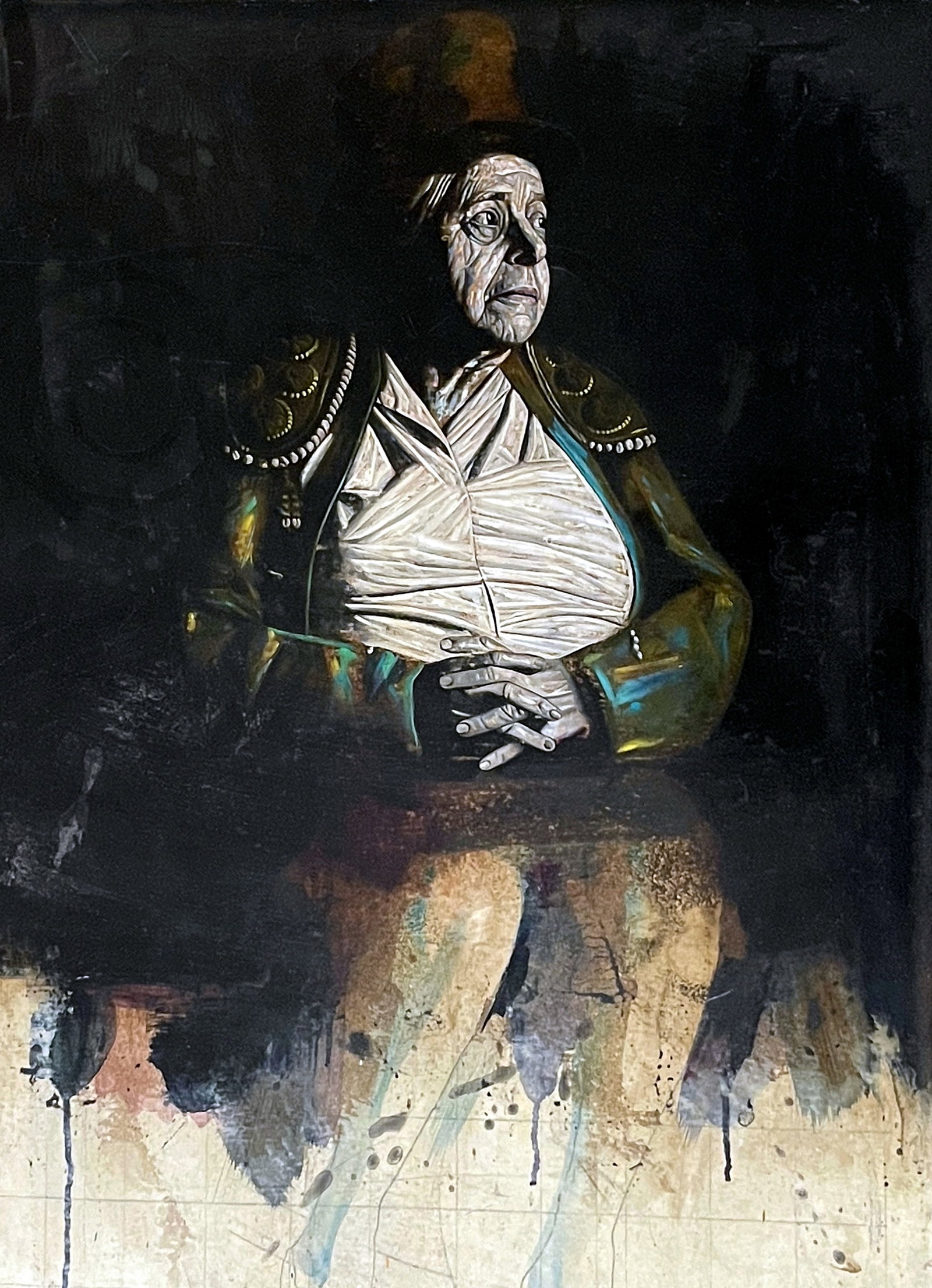 Paco Cortijo (Spanish 1936-1996): Ana Mérida Vestida de Torero 1970 Oil on Canvas Board: Spanish Modernist oil painting by Francisco Cortijo (Seville, 1936 - 1996): Ana Mérida Vestida de Torero (Ana Mérida dressed as a torero). Signed to the upper right: Cortijo. Oil on paperboa