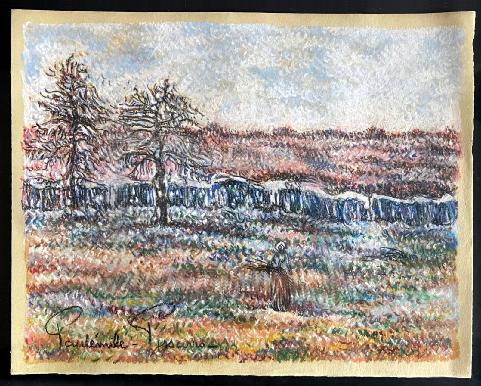 Paulemile Pissarro: La Ramasseuse Du Bois Pastel on Paper: Pastel on Paper by Paulémile Pissarro, French, 1884 - 1972, (with COA by Katia Pissarro). Signed to the Lower Left: Paulémile Pissarro. Sight: 12 x 9.75, Frame: 32 x 28 inches. Verso attache