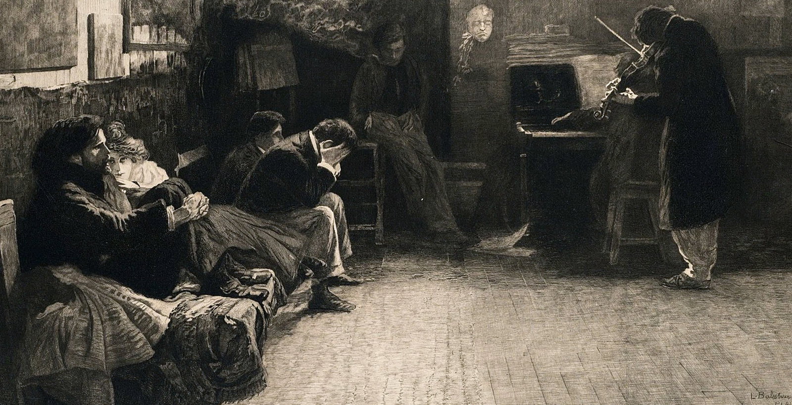 Lionello Balestrieri: Beethoven, the Kreutzer Sonata 1900 Etching: Lionello Balestrieri (1872 - 1958): - Beethoven' s Kreutzer Sonata Signed in plate: Balestrieri / Paris Etching on Paper by Leo Arndt (1857 - 1945 ) after Lionello Balestrieri painting Dimensions: