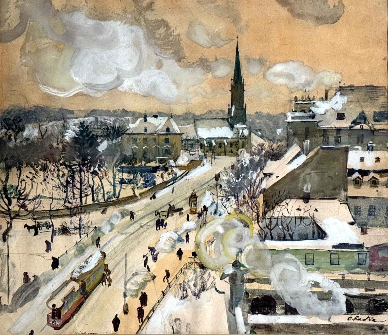 Oskar Laske (Austrian, 1874–1951): Hietzing, Vienna 1910s Gouache: Oskar Laske (Austrian, 1874–1951): View of Hietzing, Vienna. c. 1910s Gouache, Watercolor. Signed at the bottom right: O. Laske. Inscribed at the bottom center: Hietzing. Sight 17.4 x 15 in. Fra