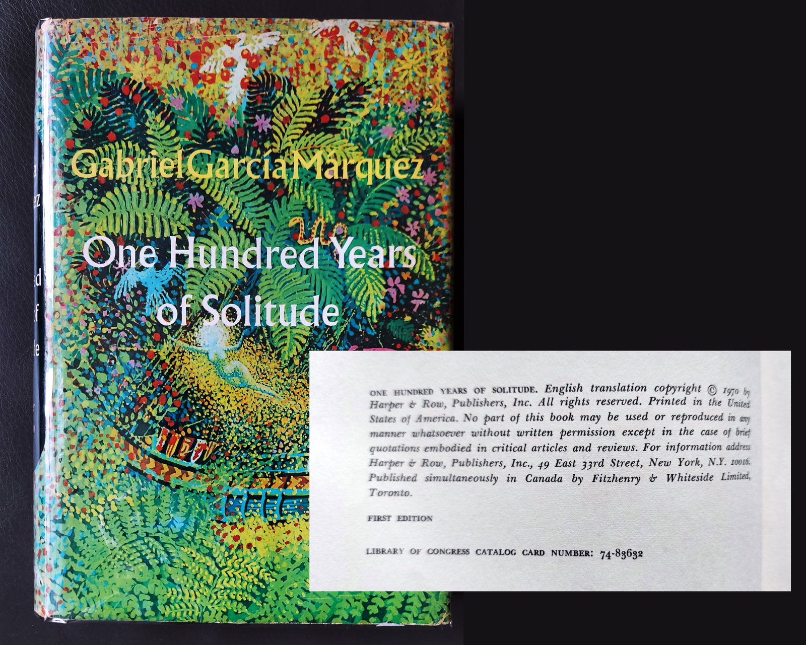 Gabriel Garcia Marquez: One Hundred Years of Solitude 1970 First Edition: One Hundred Years of Solitude by Gabriel García Márquez (Colombian, 1927 - 2014). First edition by Harper & Row, Publishers, New York, 1970. Second-state dust jacket (no exclamation mark aft