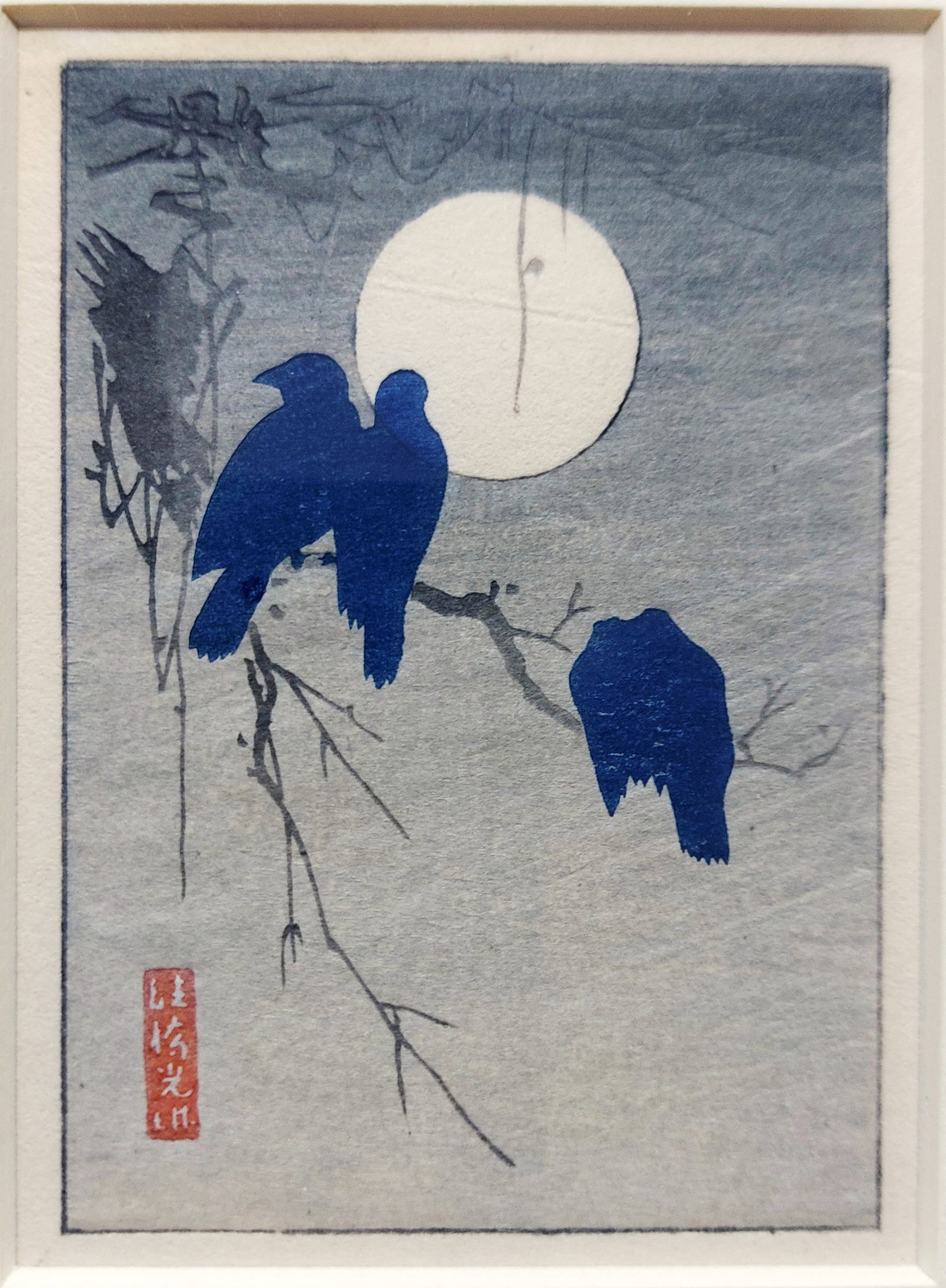 Ogata Korin (Japanese, 1658-1716): Crows in Moonlight, Woodblock Print: Ogata Korin: Crows in Moonlight, Rinpa School Woodblock Print Taisho or early Showa print from the 1920s to 1930s. Dimensions: sight 4 x 3, frame 12.5 x 9.5 inches. The artist's seal at the lower left