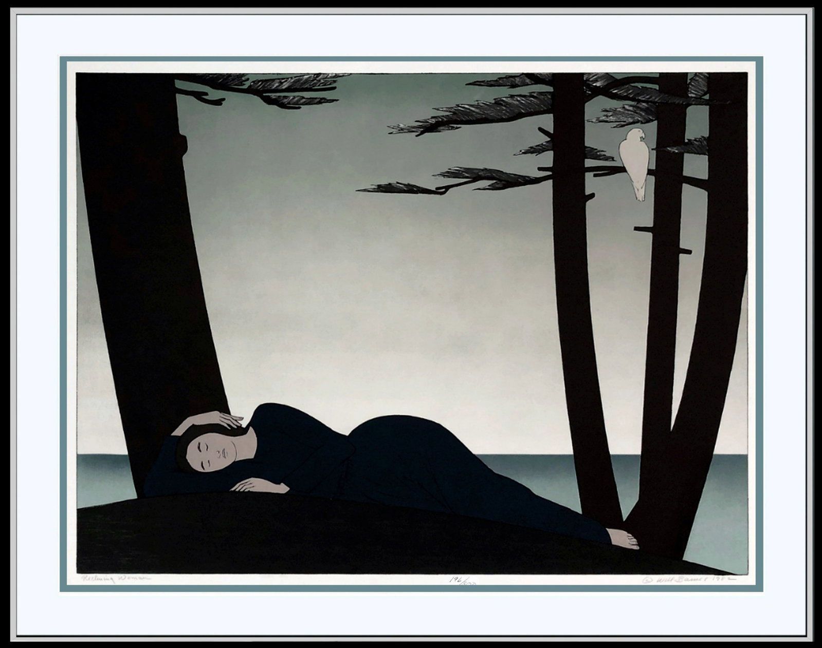 Will Barnet: Reclining Woman 1982 Lithograph Edition 196/300: Will Barnet (American, 1911 – 2012): Reclining Woman, 1982. Lithograph in color. Signed, dated, titled, and numbered at the lower margin by Will Barnet. Edition 196 of 300. Sight: 39 x 31, Frame