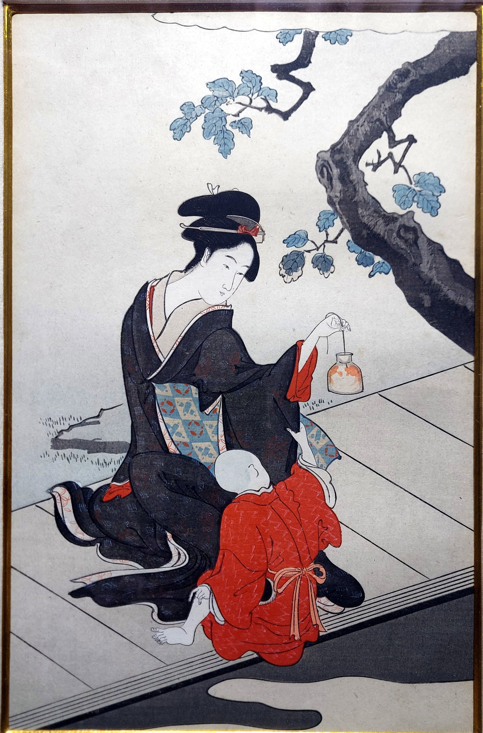 Eiri Hosado: Woman Holding a Goldfish Bottle Ukio-e Woodblock Print c.1800: Hosoda Eiri (Japanese, active 1790 - 1800): Eiri Hosado: Woman Holding a Goldfish Bottle (Kingyo bachi wo motsu onna), c.1800. Woodblock, ink and color on paper, Taisho period strike. Dimensions: Sigh