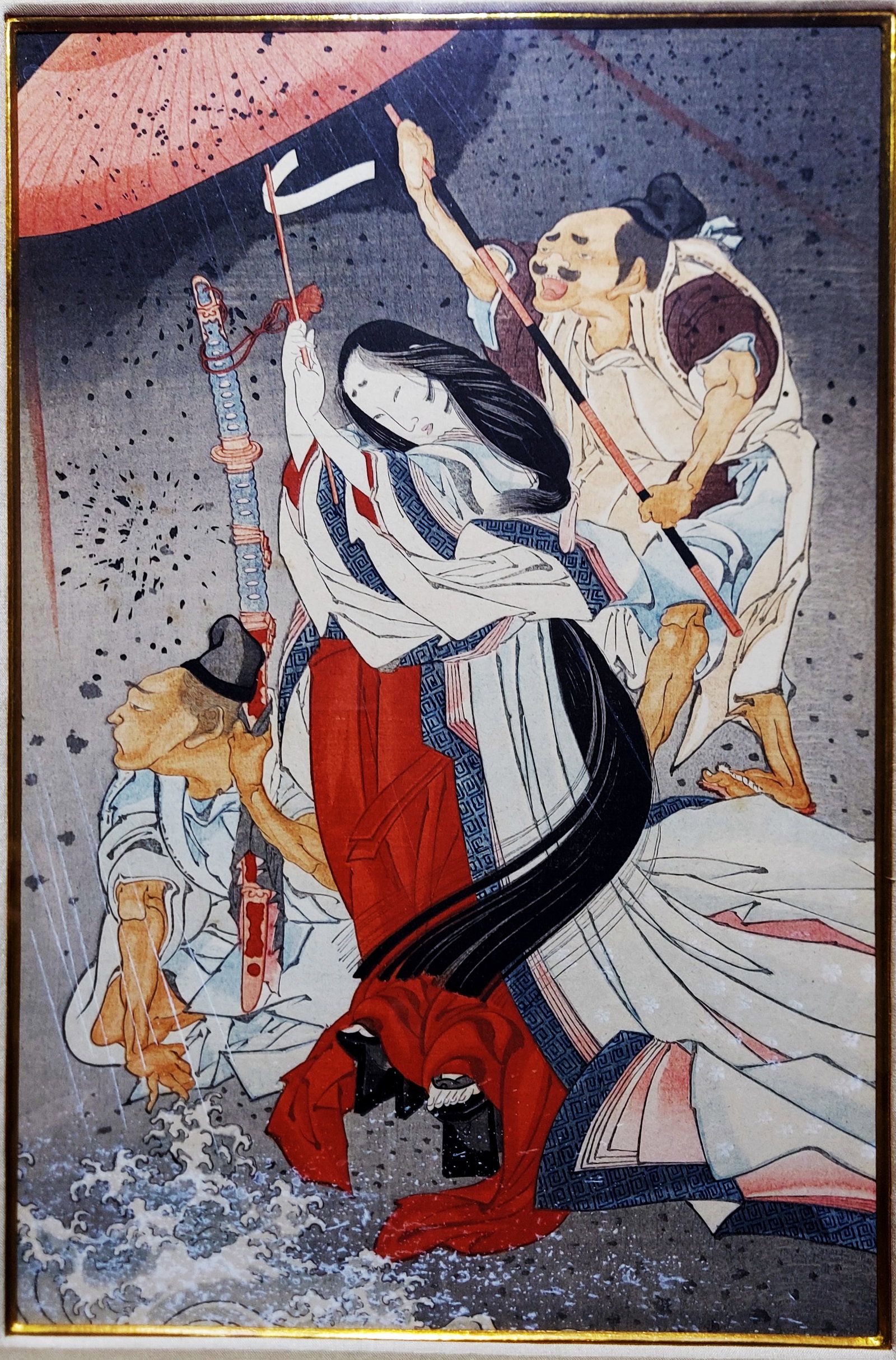 Katsushika Hokusai: Prayers for Rain, Ukiyo-e Woodblock Print: Hokusai Katsushika (Japanese, 1760 – 1849): Prayers for Rain (Amagoi Komachi). Ukiyo-e Woodblock, Meiji print c.1910, by publisher Shimbi Shoin. Dimensions: sight 12 x 8, Japanese wood frame 21 