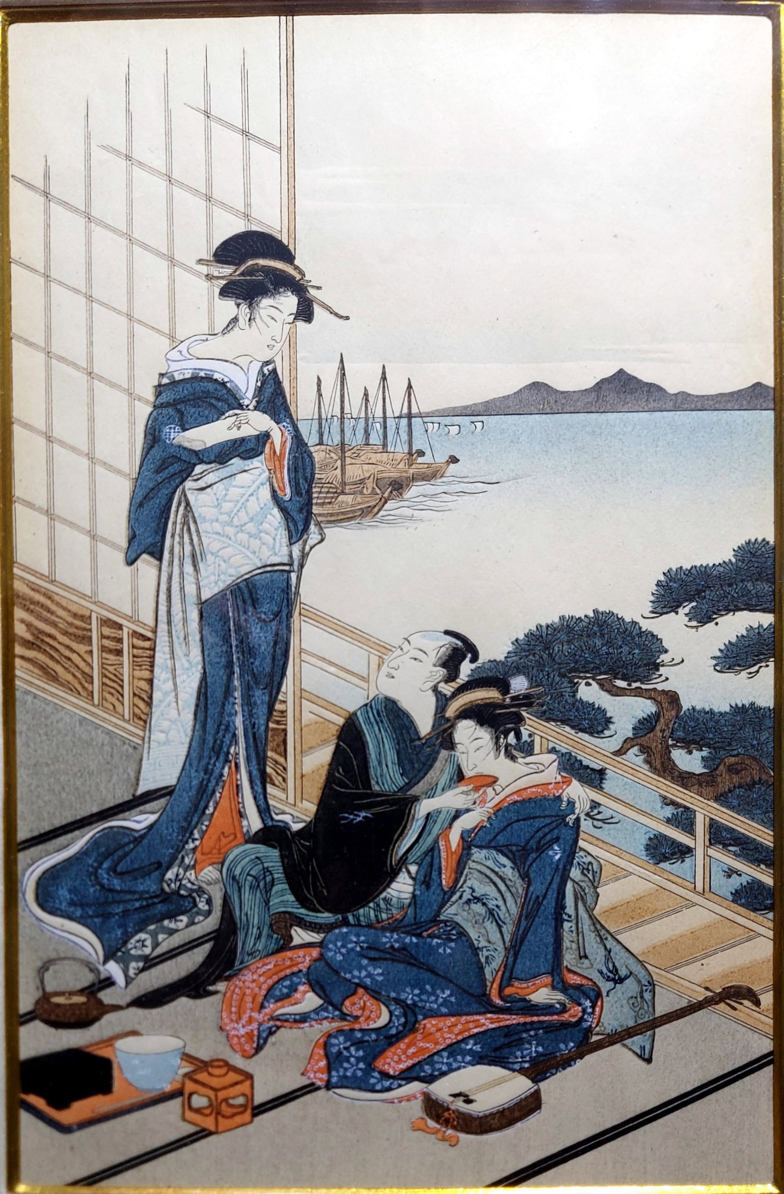 Utagawa Toyoharu: Feast at a Water-Side Pavilion, Ukio-e Woodblock Print: Toyoharu Utagawa (Japanese, 1735-1814): Feast at a Water-Side Pavilion, The original woodblock print. Dimensions: sight 11.75 x 7.75, Japanese Wood Frame 20 x 15.25 inches.