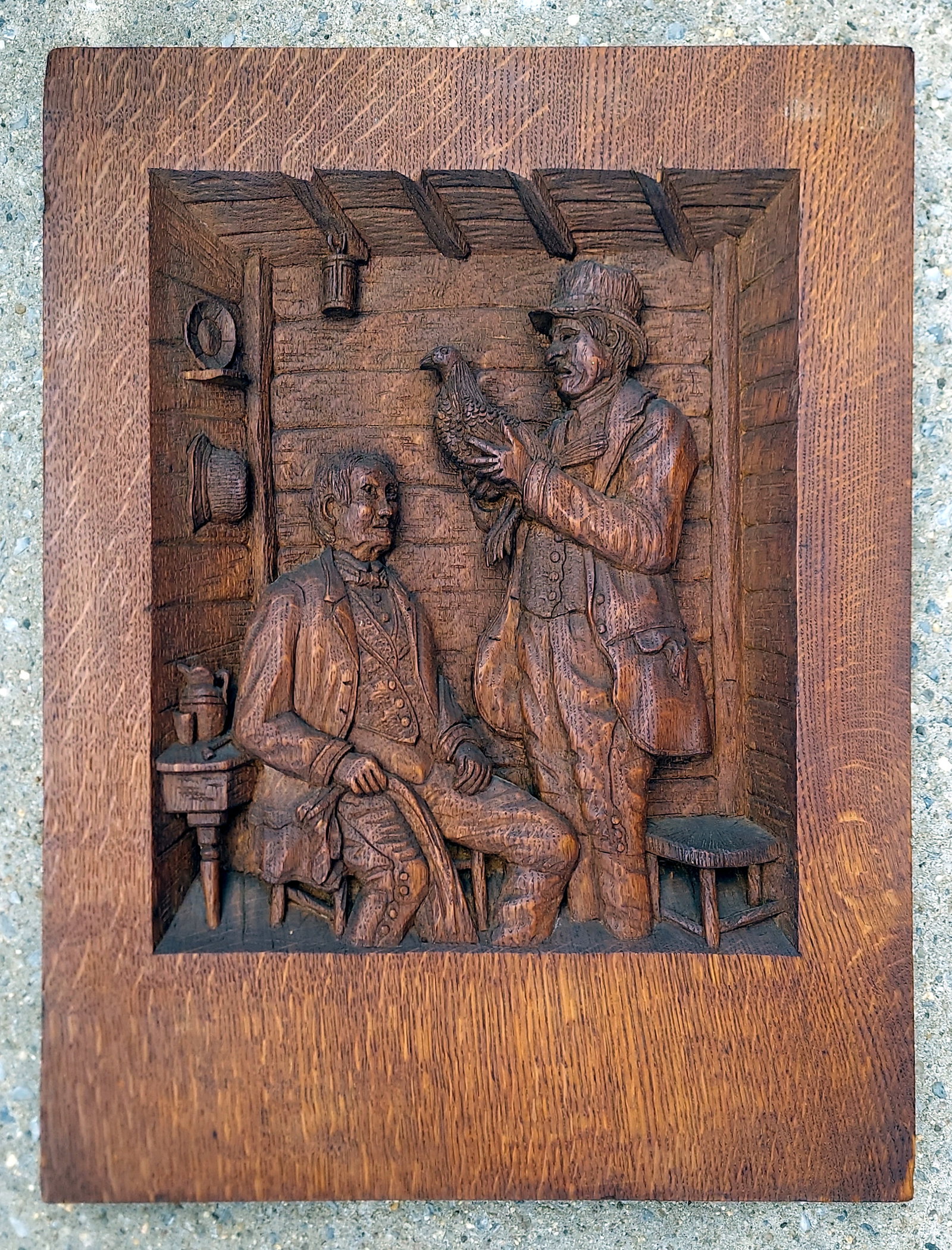 The Fresh Fowl, German High-Relief Carved Oak Genre Panel, 1880s (1 of 4)