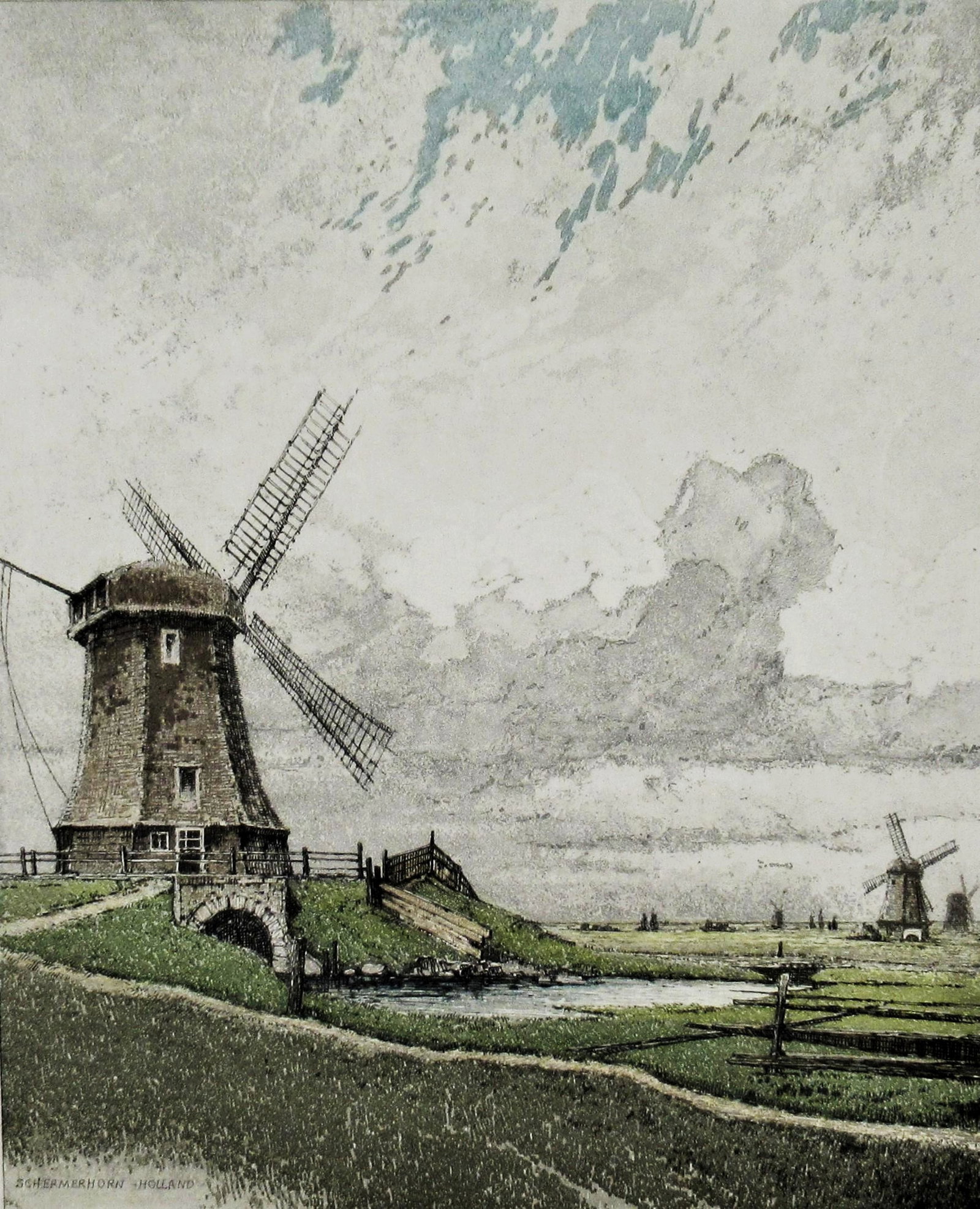 Josef Eidenberger: Schermerhorn Windmill 1950 Etching: Josef Eidenberger: Schemerhorn Windmuhle, c.1950, Holland Etching aquatint on Wove paper. Signed in pencil by Josef Eidenberger at Lower Right. Titled in Plate. Plate 13 x 10, Sheet 19.5 x 14.5, Frame