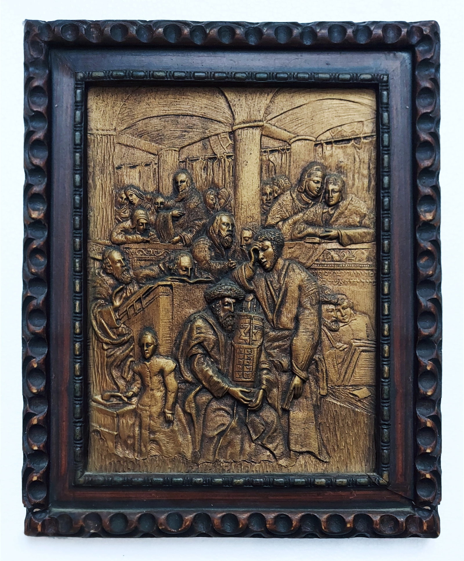 Yom Kippur Relief after the Maurycy Gottlieb (1856-1879) painting: A vintage relief plaque after the Yom Kippur painting by Maurycy Gottlieb (Polish, 1856-1879) The embossing on a composite material with bronze surface in carved wooden frame. Dimensions: Sight 12.25 