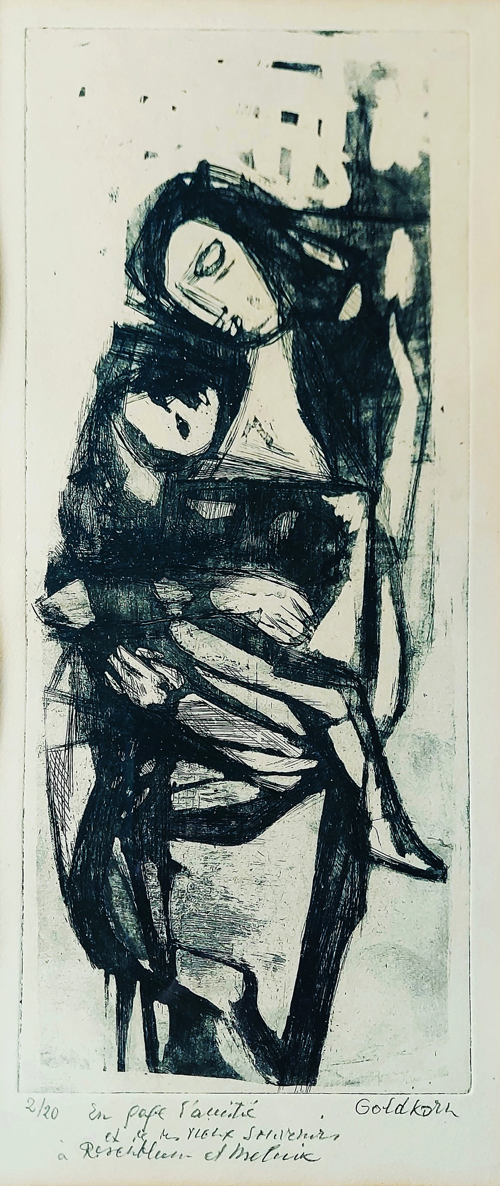 Georges Goldkorn: Mother with Child, Etching 1950s Edition 2/20: Georges Goldkorn (French-Polish, 1907 - 1961): Mother with Child, 1950s, Etching on beige Archespaper, Edition 2/20. Signed, numbered and inscribed at the lower margin: En gage d’amitié, et