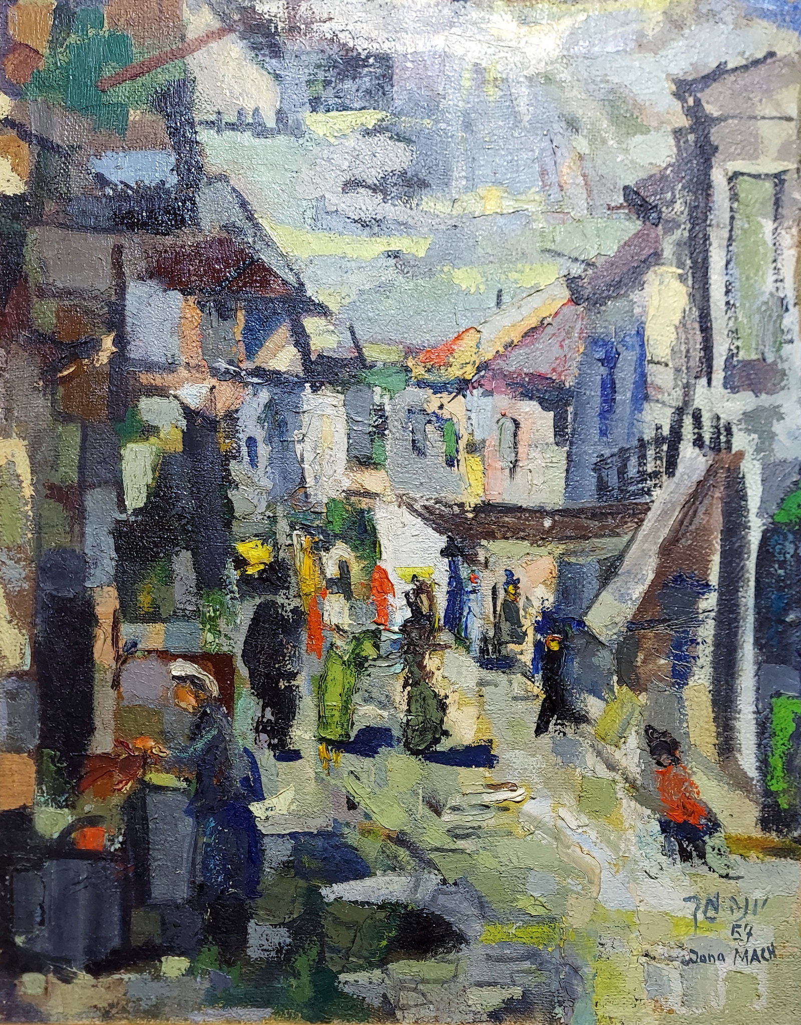 Jona Mach: Mea She'arim, Jerusalem 1957 Oil on Board: Jona Mach (Israeli, 1917 - 1999): Mea She`arim, Jerusalem, 1957 Oil on Masonite board. Signed and dated to Lower Right in Hebrew and English: Jona Mach 57. Dimensions: Sight 30 x 23, Frame 38 x 31.25.