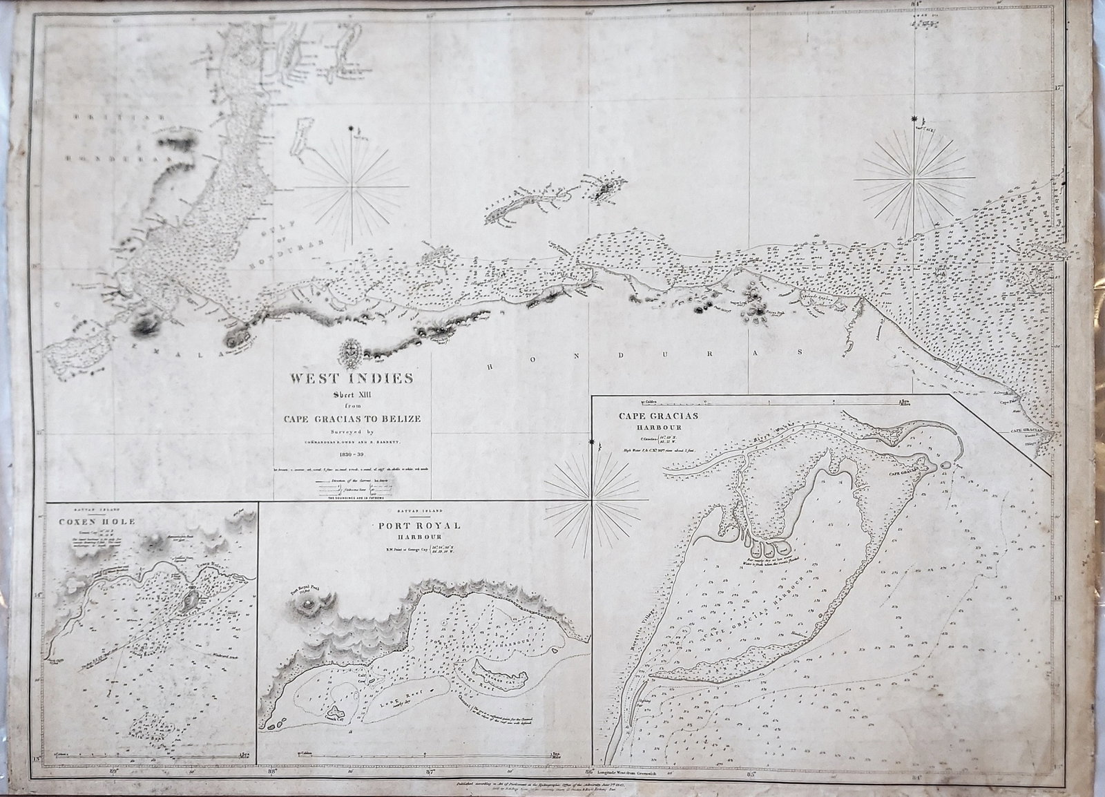 West Indies, Cape Gracias to Belize 1843 British Admiralty Map: Scarce original 1843 British Admiralty Nautical Chart: West Indies, Sheet XIII, from Cape Gracias to Belize Surveyed by Commanders R. Owen and E. Barnett. 1830 - 39. Published according to Act of Parl