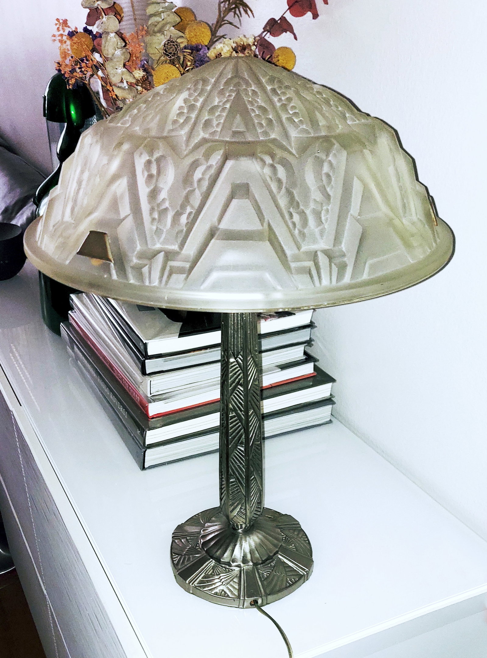 French Art Deco Table Lamp Pressed Frosted Glass Shade c.1930 (1 of 9)