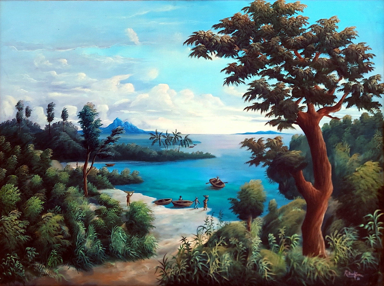 Raymond Dorleans (Haitian, 1947-2000): Haiti, 1981 Oil on Canvas: Haitian Landscape by: Raymond Dorleans (Haitian, 1947-2000), Famous for his serene, dreamlike landscapes with dark blue-green palettes and luminous figures, representing Haiti's modern art movement. H