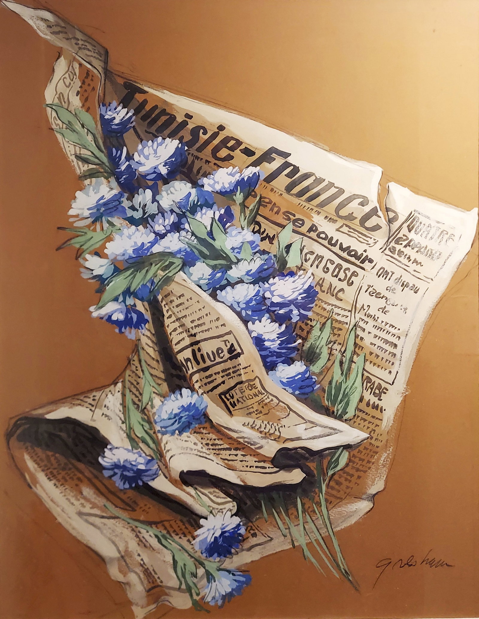 Charles Gresham: Tunisian Carnations 1950s Gouach/Pencil: Charles Gresham (American, 1921 - 2019): Tunisian Carnations, early 1950s Gouache and pencil on beige Arches. Signed at the Lower Right. Sight 25 x 19.5, Frame 32 x 26 inches.