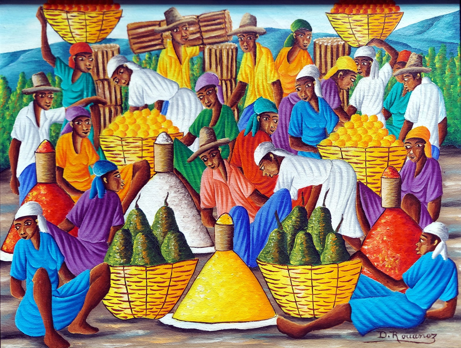 Dieudonné Rouanez: Market Scene, 1997 Oil on Canvas: Dieudonné Rouanez (Haitian, 1920 - 2010) Market Scene, oil on canvas. Signed at Lower Right: D. Rouanez. Dated on verso frame. Dimensions: frame, 17 x 13, framed 15.5 x 11.5 inches Dieudonné