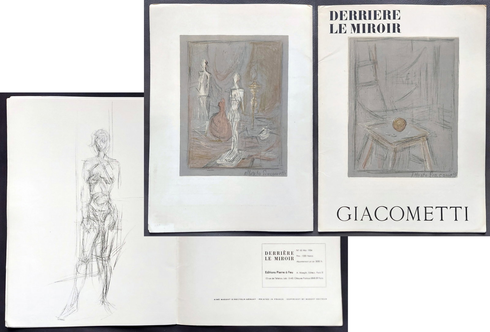 Alberto Giacometti, Derri?re le Miroir (2): #65, 1954 & #98, 1957: Alberto Giacometti (1901-1966): Derri?re le Miroir No. 65, May 1954. Derri?re le Miroir No.98, June 1957. 15 x 11 in. Folio reviews featuring original lithographs by Alberto Giacometti: Two front and 