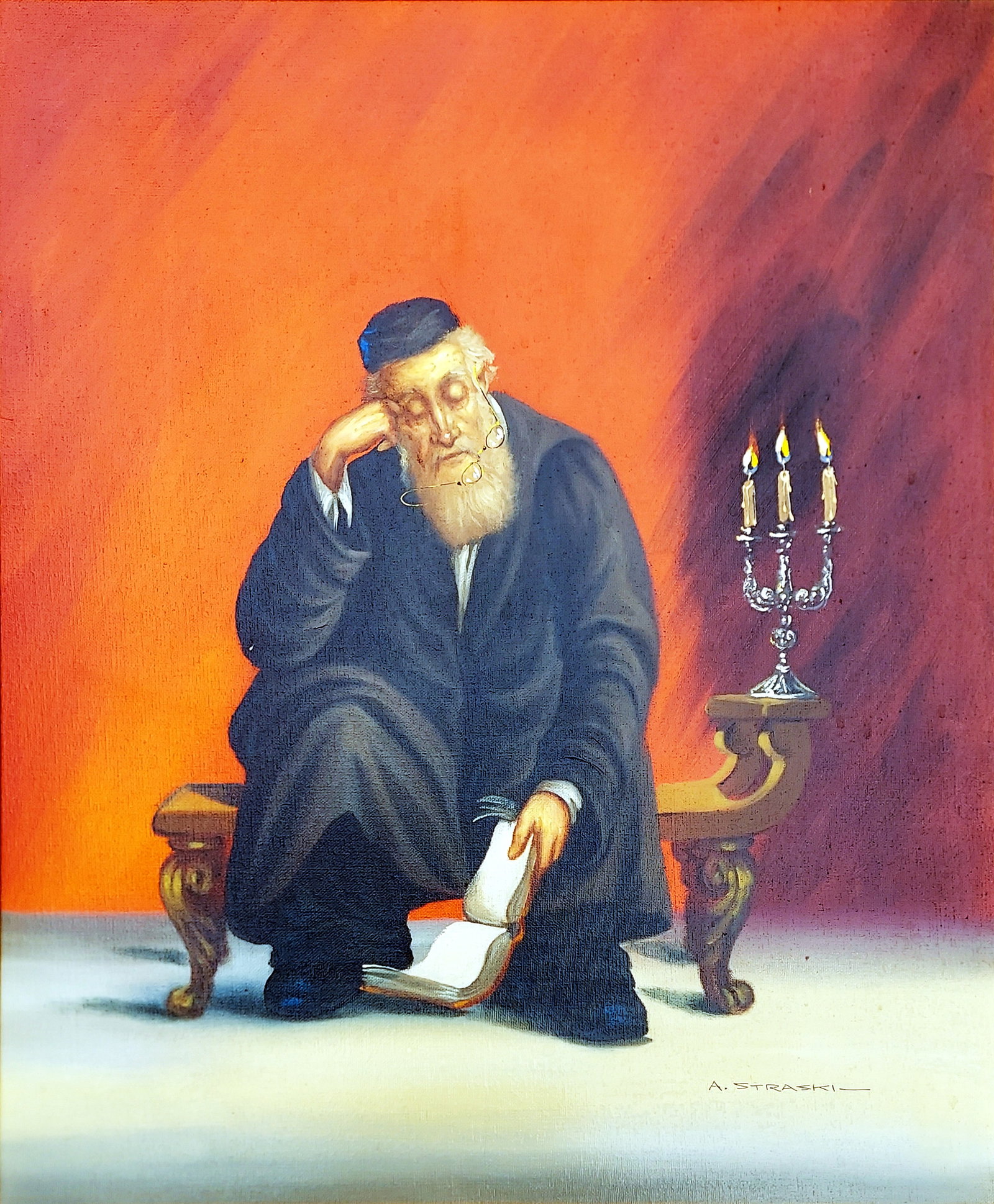 Abraham Straski (1903 - 1987): Rabbi in Thought c.1970 Oil on Canvas (1 of 4)