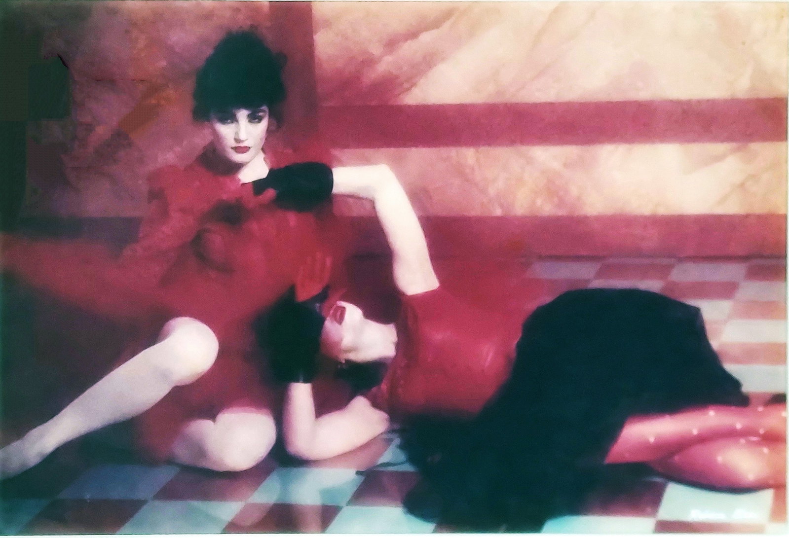 Rebecca Blake (American, b. 1949): Signed Fashion Photograph c.1980: Rebecca Blake (b. 1949): Signed Composition in Red and Black. Highly stylized color fashion photograph by acclaimed Belgian-born American photographer and director Rebecca Blake (American, b. 1949). S