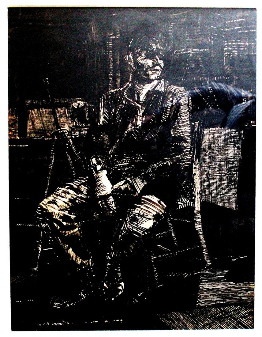 Original Portrait, Ink, Paper, Signed WK 1962: This Large Original Expressionist Ink Drawing on Paper (Both Sides) created in 1962.Signed WK on the front, and WK 10.18.62 on the rear. (Willem de Kooning? Wolf Kahn? William Kentridge?) Image dimens