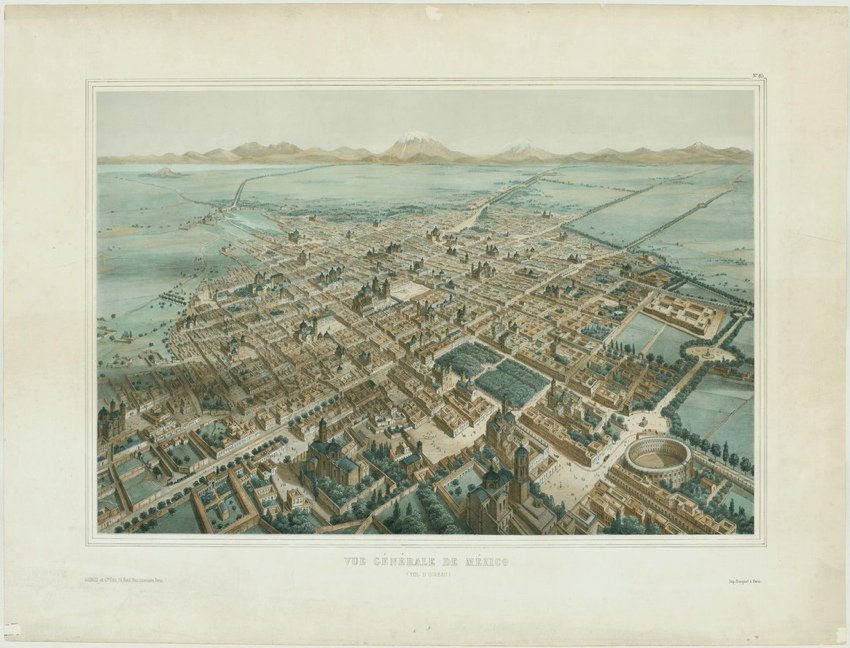 [BIRD’S-EYE VIEW: MEXICO CITY]. DUSACQ ET CIE.: 33. [BIRD’S-EYE VIEW: MEXICO CITY]. DUSACQ ET CIE. (publisher). Vue Générale de México | (Vol d’Oiseau) [below title] Dusacq et Cie. Edit, 14, Boul. Poisso