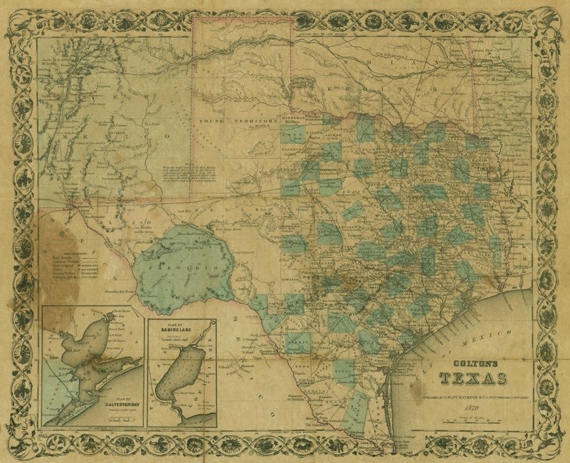 [MAP]. Colton’s Texas...1870. New York, 1870.: 258. [MAP]. COLTON, G[eorge] W[oolworth] & C[harles] B. Colton’s Texas...1870. New York, 1870. Lithograph map, original color, ornate floral, bird, and vine border. Insets of Galveston Bay a