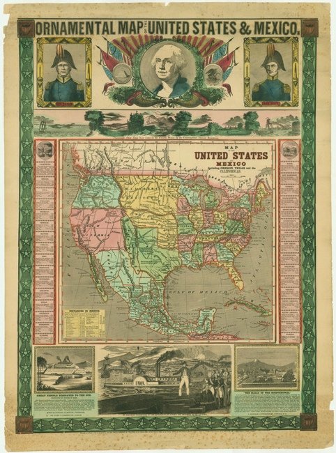 [MAP]. ENSIGN & THAYER. Ornamental Map of the US.. 1848: 287. [MAP]. ENSIGN & THAYER (publishers). Map with pictorial broadside, all enclosed within a green border of stars and chains and red U.S. shields at each corner: [Title of broadside at top]: Orn