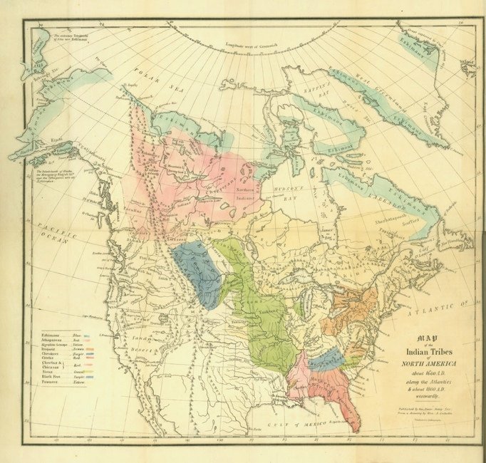 [MAP]. GALLATIN, Albert. Indian Tribes. Cambridge, 1836: 295. [MAP]. GALLATIN, Albert. Map of the Indian Tribes of North America about 1600 A.D. along the Atlantic; & about 1800 A.D. westwardly. Published by the Amer: Antiq: Soc: From a drawing by Hon: 