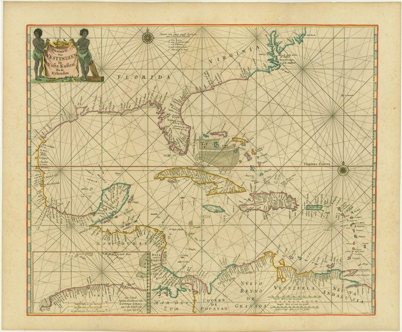 [MAP]. GOOS. Pascaerte Van Westindien.... 1666.: 305. [MAP]. [GOOS, Pieter, after Hessel Gerritsz]. Pascaerte Van Westindien De Vaste Kusten en de Eylanden. [inset at lower left] Het Canael tusschen Havana aen Cuba eñ de Tortugas eñ Ma