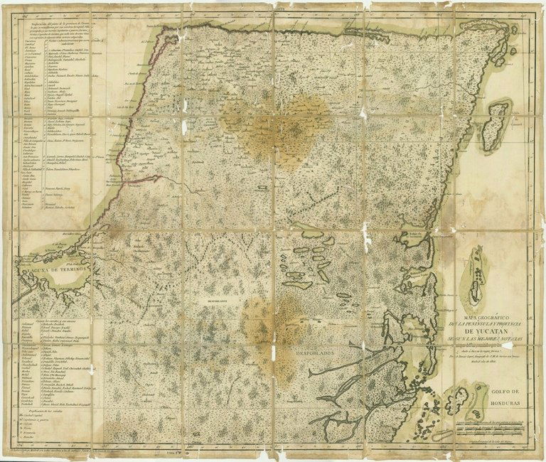 [MAP]. LÓPEZ [DE VARGAS MACHUCA], Tomás. Yucatán. 1801: 322. [MAP]. LÓPEZ [DE VARGAS MACHUCA], Tomás. Mapa Geográfico de la Península y Provincia de Yucatán.... Madrid, 1801. Copper-engraved map with outline coloring in r