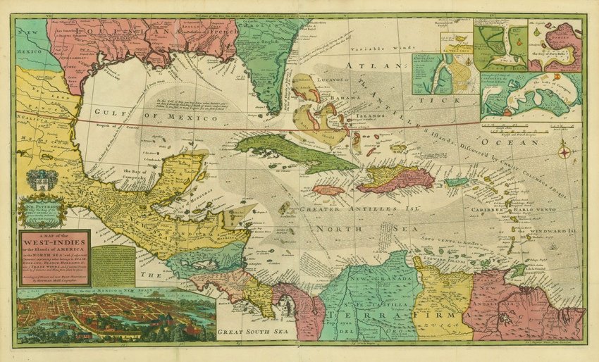 [MAP]. MOLL, Herman. A Map of the West-Indies....: 338. [MAP]. MOLL, Herman. A Map of the West-Indies or the Islands of America in the North Sea; with ye adjacent Countries; explaning [sic] what belongs to Spain, England, France, Holland &c. also 