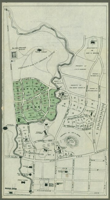 [MAP]. [SAN MATEO: HIGHLAND PARK]. N.P., n.d.: 366. [MAP]. [SAN MATEO: HIGHLAND PARK]. BALDWIN, Archibald S., Josiah R. Howell & Joseph H.P. Howard (agents). [Title on map verso] Map of Westerly Portion of San Mateo, Showing Highland Park and 