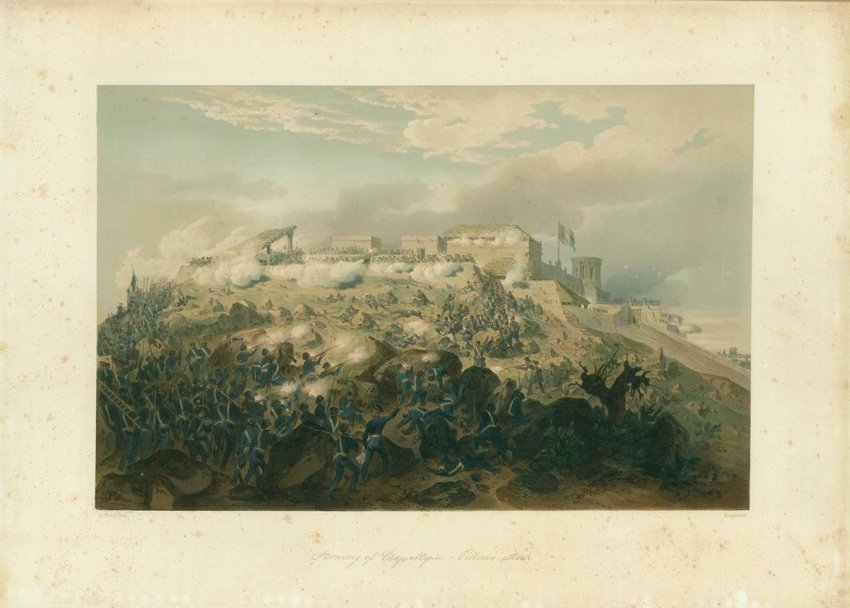 NEBEL, C[arl]. Storming of Chapultepec.... [1851]: 427. [MEXICAN-AMERICAN WAR]. NEBEL, Carl. Storming of Chapultepec—Pillow’s attack;[below image] C. Nebel fecit. | Bayot lith; [lower left in image within oval] Entered according to act o