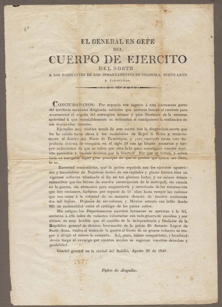 AMPUDIA. El general en gefe.... [Saltillo, 1846] (1 of 1)